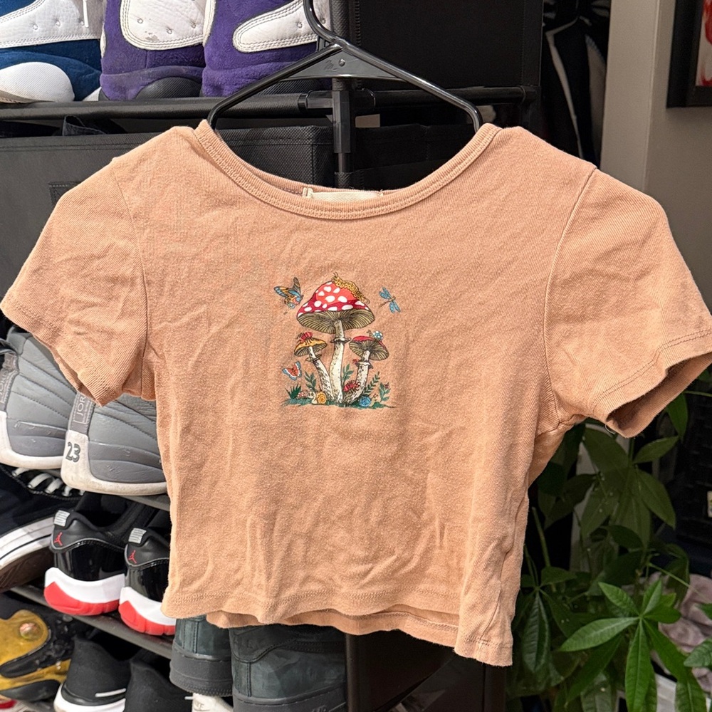 Tan Crop Top with Mushroom Design